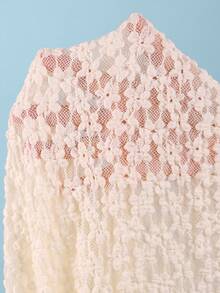 Swim Mod 3件套纯色花卉纹理面料珍珠贝壳装饰荷叶边挂脖三角比基尼上衣、侧系带泳裤和迷你裙性感泳衣套装，春夏沙滩裙套装钩针编织泳衣沙滩两件套钩针编织比基尼套装蕾丝两件套