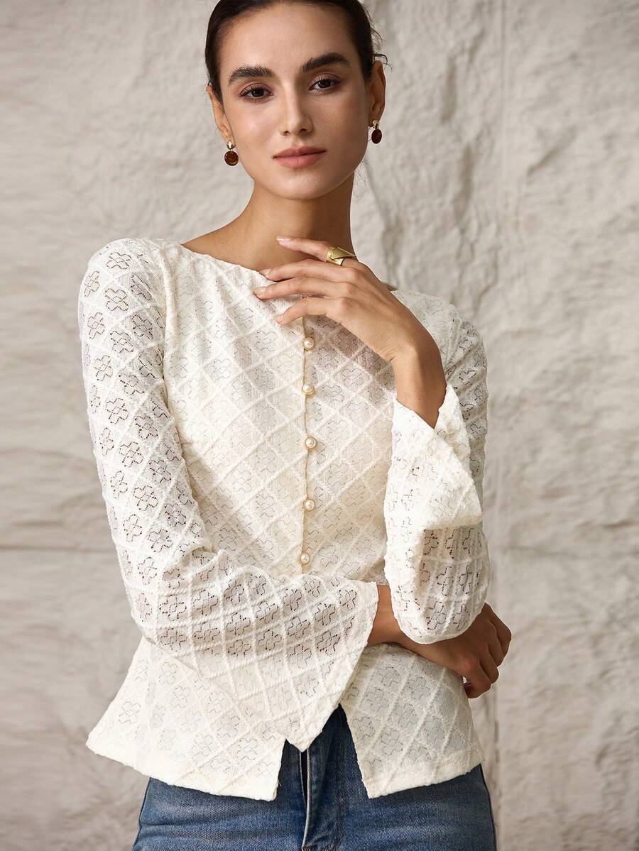 Modelyn 女士船领喇叭袖单排扣镂空优雅T恤 - 黑色 - 查看 1