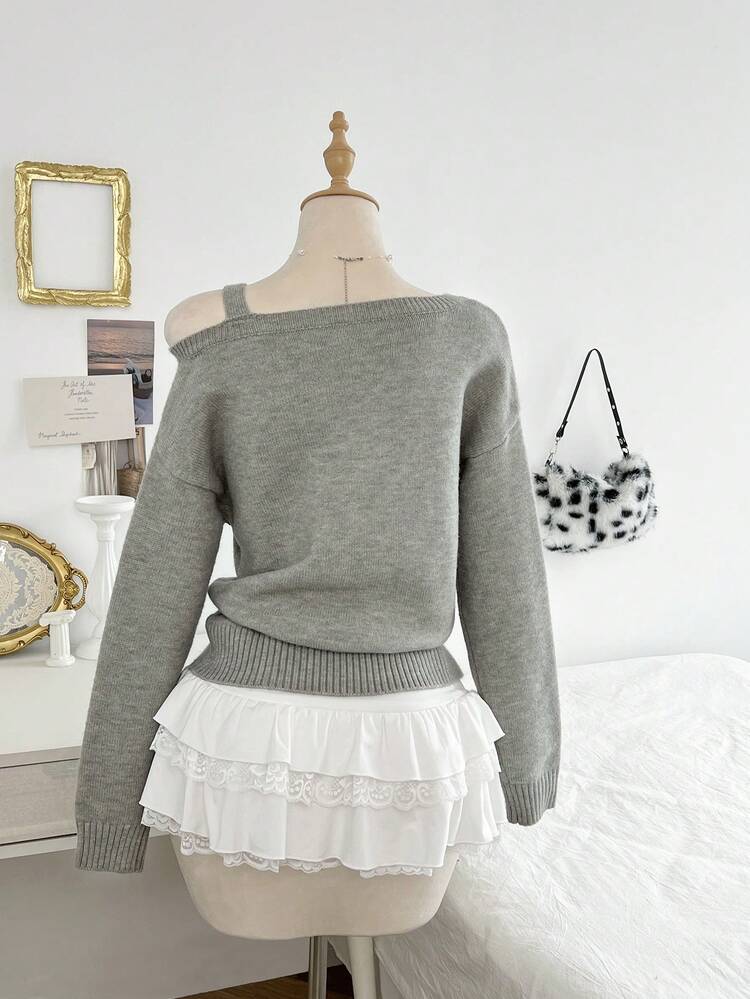 Elamini Women's Casual Solid Color Cold Shoulder Loose Fit Long Sleeve Sweater - Grey - View 2