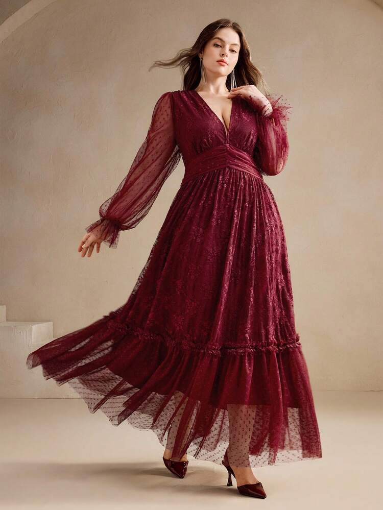 Anewsta Women's Plus Size Elegant V-Neck Romantic Lace Polka Dot Mesh Patchwork A-Line Ruffle Sleeve Long Sleeve Dress
