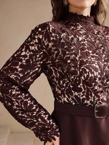 Anewsta Women's Plus Size Elegant Romantic Lace Patchwork A-Line Midi Dress, Round Neck, Long Sleeve, Slim Fit