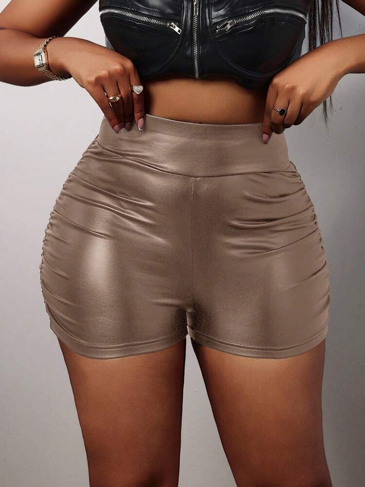 Slaydiva Quần short da giả xếp ly cạp cao, ôm vừa vặn, thanh lịch dành cho nữ - Màu nâu  Mocha - Xem 1