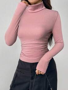 SHEIN EZwear 粉色针织女式高领长袖修身T恤 - 粉色 - 查看 6