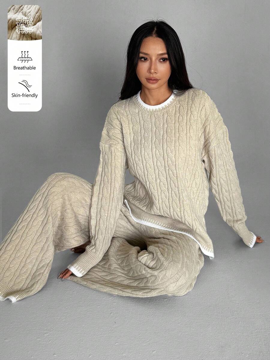 SHEIN MOOSTA 2件套女士秋季休闲简约撞色针织毛衣和裤子套装 - 彩色 - 查看 1