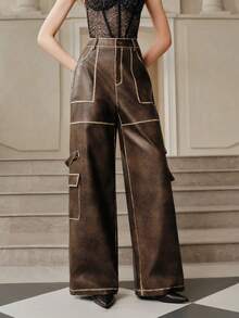 Anewsta Savoree Maillard 复古做旧女式工装PU皮裤，适合秋季、冬季、新年穿着，优雅、别致、时尚，圣诞节、外出皆宜 - 巧克力棕 - 查看 4