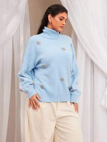 VOLUPTÉ CURVE Plus Size Autumn Blue Knit High Neck Long-Sleeve Side Slit Baby Wool Blend Crystal Star Embellished Mid-Length Elegant Pullover Sweater For Party - Blue - View 6