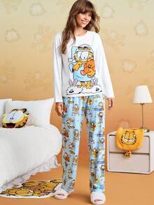 GARFIELD | SHEIN Bộ đồ ngủ tay dài cổ tròn họa tiết hoạt hình dễ thương dành cho nữ, mùa thu - trắng - Xem 3