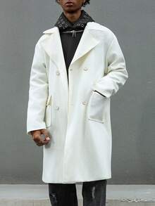 Manfinity Hypemode Men's Solid Color Drop Shoulder Long Sleeve Lapel Neck Fashion Versatile Long Overcoat, Winter - Beige - View 4