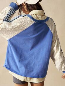 Bohemela Casual Patchwork V-Neck Long Sleeve Loose Washed Women Sweatshirt Blue - Blue - View 7