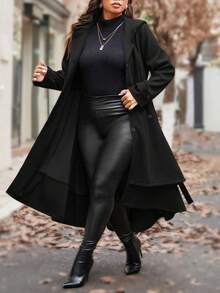 SHEIN Clasi معطف صوفي طويل للنساء ذوات الحجم الكبير بلون أحادي، متعدد الاستخدامات، مزود بقلنسوة وحاشية مزدوجة - الأسود - مشاهدة 7