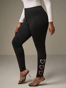 SHEIN Tall CURVE 大码心形图案休闲运动针织长款紧身裤，适合所有季节 - 黑色 - 查看 7