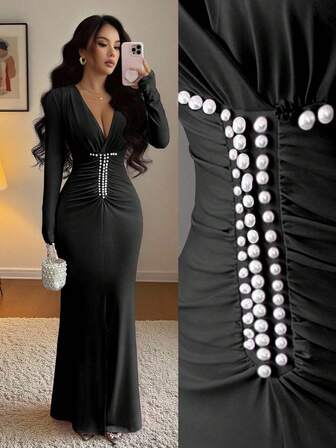 Rafferiza Elegant Rosa Pärlpärlklänning i Midjan med Rynka, Höstklänning för Bröllopsgäster, Graciös Festklänning