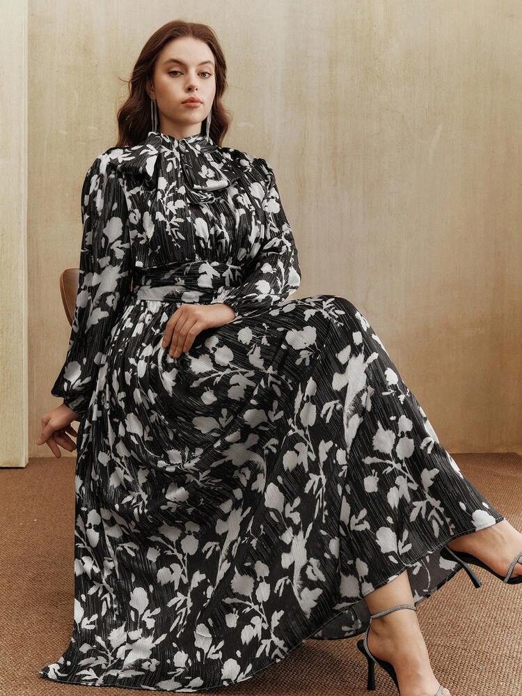 Plus Size Women's Autumn/Winter Waist Pleated Collar Bow Elegant Cinched Waist Ditsy Floral Maxi Dress, Suitable For Halloween, New Year, Party, Wedding, Chic, Stylish, Work, Thanksgiving, Graduation, Christmas, Festival, Elegant