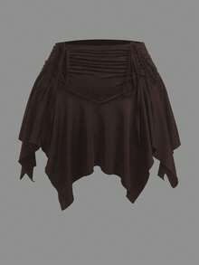 Sweetra Quần váy cạp chun co giãn phía trước có dây rút viền bất đối xứng cỡ lớn - Cà phê nâu - Xem 3