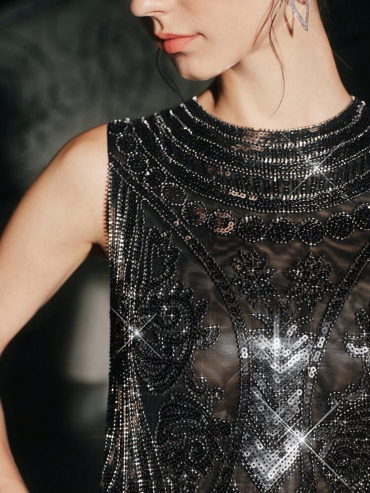 Women's Fashionable High-End Casual Beaded Top, Suitable For New Year, Party, Wedding, Elegant, Chic, Black, Stylish, Luxury Evening Dresses For Women, Christmas