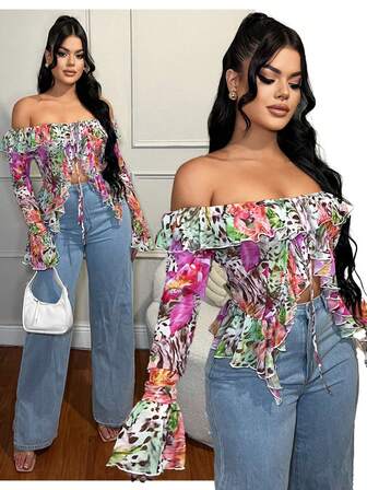 SHEIN SXY 1pc Off-Shoulder Animal Print Ruffle Trim Long Sleeve Tie Front Women Blouse, New Year,Thanksgiving,New Year ,Cheetah Pants, Animal Print,Pink Top ,