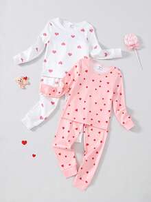4件套女童休闲爱心印花长袖上衣和打底裤睡衣套装 - 淺粉色 - 查看 6