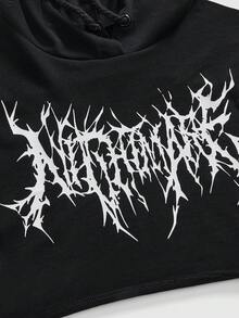 ROMWE Grunge Punk Y2K 性感宝贝闪电英文印花露背短款女式卫衣 - 黑色 - 查看 3