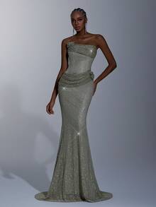 Elitara Thanh lịch, Lãng mạn, Gợi cảm, Thời trang, Tối giản, Xanh xám, Vải sequin, Thích hợp cho Ngày lễ, Kỳ nghỉ, Sinh nhật, Tiệc tùng, Sự kiện đám cưới, Đầm dự tiệc trang trọng - màu xanh lá - Xem 7