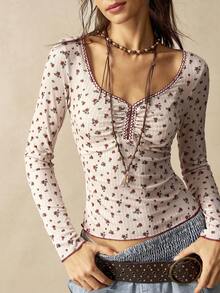 Bohemela 休闲针织碎花鸡心领长袖修身短款女上衣