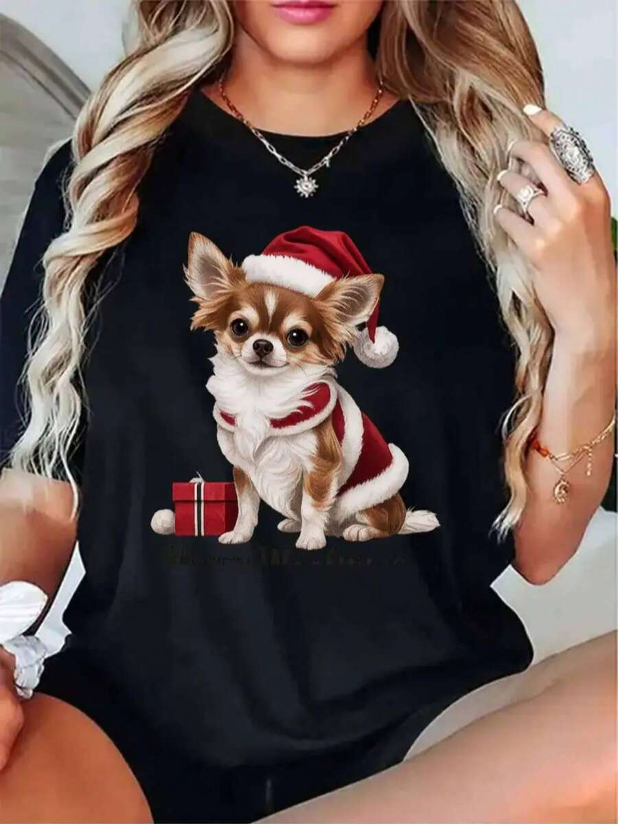 Mujer camiseta estilo casual con estampado de perro navideño, tela suave color sólido, holgada, cuello redondo, manga corta, primavera verano, uso diario camiseta - Negro - Ver 1