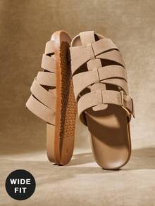 SHUZIA 女式宽版复古罗马风格编织一脚蹬木屐 - 米色 - 查看 4