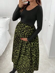 SHEIN Leopard Print Casual Minimalist Maternity Dress For Daily Wear Long Skirt With Slit Cheetah Print Outfit Women Animal Print Outfit Midi Skirt - Green - View 3