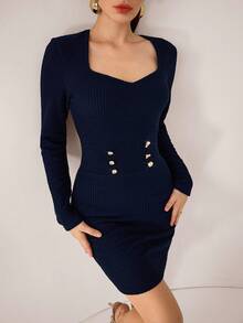 Modelyn Square Neck Double-Breasted Fitted Waist Bodycon Elegant Long Sleeve Mini Dress For Women - Navy Blue - View 3