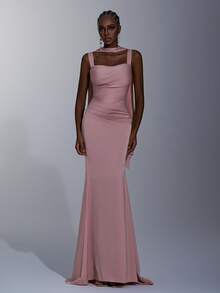 Elitara Elegant, Romantic, Fashionable, Gray-Pink, Satin, Spaghetti Strap, Draped, Pleated Decor, Fishtail Hem, Trailing, Influencer, Holiday, Vacation, Birthday Party, Wedding Event, Bridesmaid Dress - Pink - View 8