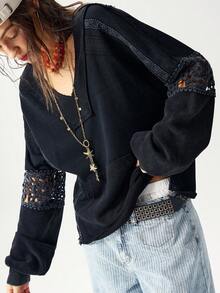 Bohemela Casual Knit Patchwork Half-Zip Loose Washed Women Sweatshirt