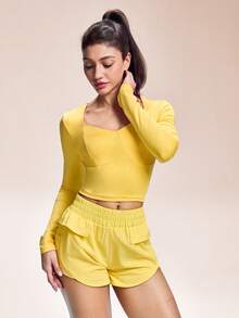 Core Rhythm T-shirt athlétique à manches longues coupe slim et taille courte, couleur unie et décontractée - Jaune citron - Voir 4