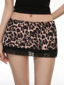 INAWLY Chân váy thường ngày họa tiết da báo phối ren dành cho nữ - Cà phê nâu - Xem 1