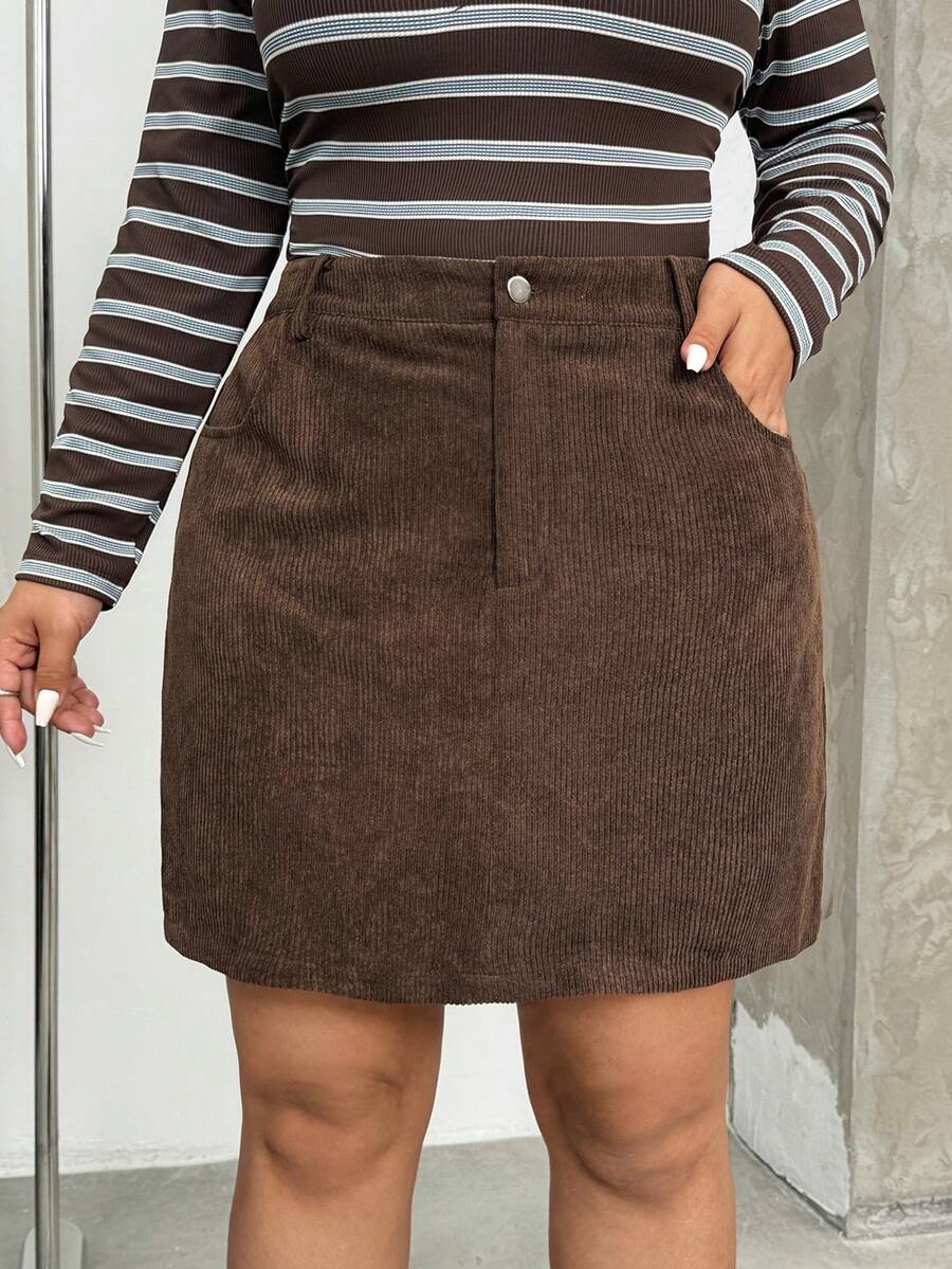 SHEIN EZwear 大尺碼女款棕色編織裙/冬季 - 棕色 - 查看 1