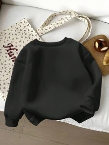 SHEIN 少女卡布奇诺芭蕾舞女字母图案宽松圆领卫衣，休闲舒适冬季服装 - 黑色 - 查看 2