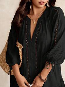 Elaquor 大码纯色简约长袖休闲连衣裙 - 黑色 - 查看 5