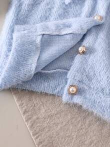 Young Girls Knitted Faux Fur Cardigan Long Sleeve Blue Soft Bow Pearl Button Front Jacket, White Pleated Skirt 2-Piece Set, Elegant Children Comfortable Outfit For Spring/Autumn - Blue - View 8