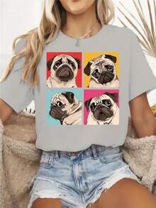 Mujer camiseta casual estilo moderno con impresión artística de perro, tejido suave, ajuste holgado, cuello redondo, manga corta, primavera/verano, uso diario, playera - Gris - Ver 1
