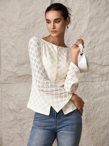 Modelyn 女士船领喇叭袖单排扣镂空优雅T恤 - 黑色 - 查看 4