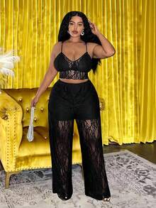 Slaydiva 2025 Herbst/Winter Neue Sexy Spitzen Trägerhemd + Weite Hose Set, Große Größen, Geeignet für Party, Nachtclub, Treffen, Date, Ball, Club