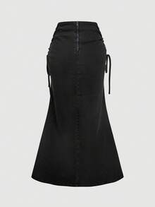 SHEIN MOD 女式休闲牛仔裙，侧抽绳，褶饰鱼尾下摆，秋季 - 深灰色 - 查看 2