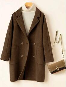 SHEIN LUNE Mantel Hangat Kasual Kancing Ganda Ukuran Besar, Musim Gugur/Dingin - Coffee Brown - View 1