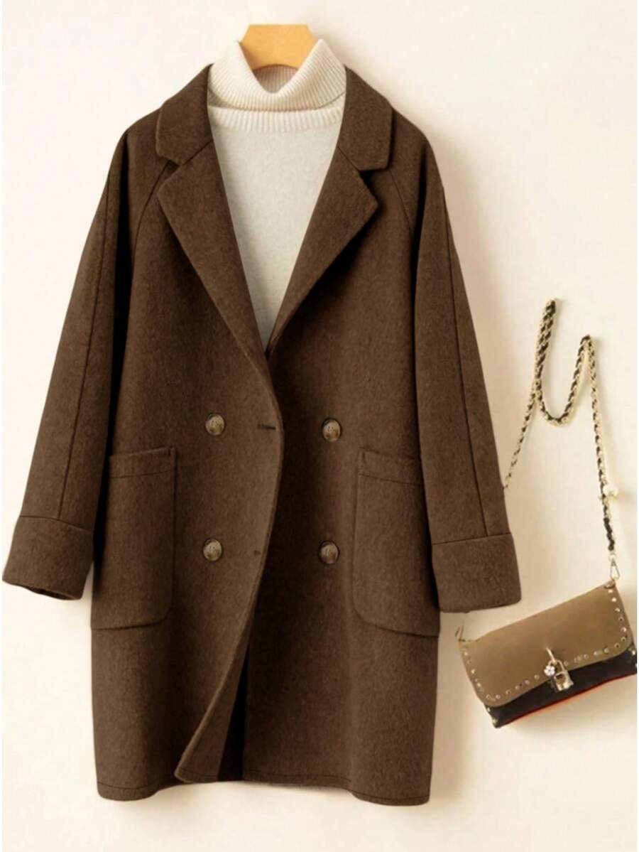 SHEIN LUNE Mantel Hangat Kasual Kancing Ganda Ukuran Besar, Musim Gugur/Dingin - Coffee Brown - View 1