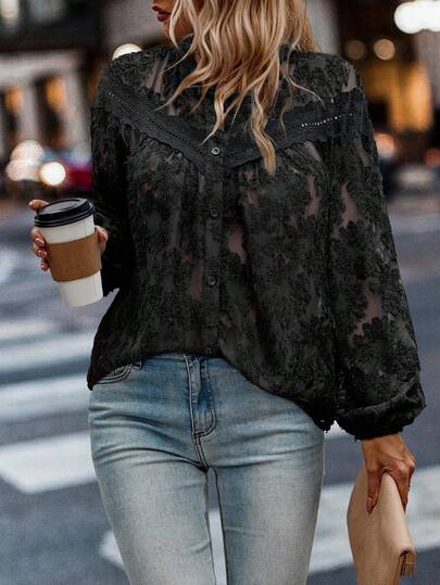 Weeklong Ladies' Plus Size Lace Trim Black Jacquard Fabric Long Sleeve Shirt Casual Office Elegant Wedding New Year'sfit Christmas Clothing