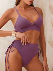 SHEIN Swim 2 件套女士深紫色沙滩装，深 V 领露背褶皱无线泳衣，休闲夏季沙滩泳装 - 淡紫色 - 查看 4