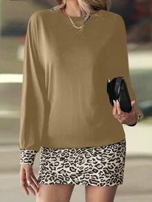 SHEIN LUNE 女式豹纹拼布圆领长袖休闲迷你连衣裙 - 咖啡 - 查看 3