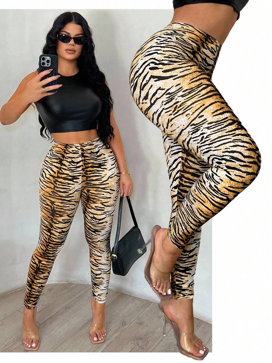 SHEIN SXY 女士休闲性感虎纹印花打底裤,女士打底裤,猎豹纹裤,动物纹裤,动物纹,动物纹打底裤,感恩节 - 彩色 - 查看 1