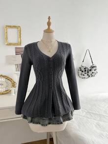 Elamini 女士时尚百搭长袖单排扣休闲针织开衫，秋冬 - 灰色 - 查看 3