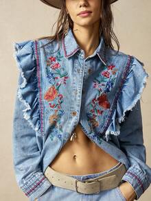 Bohemela Women's Casual Solid Color Woven Ruffle Hem Long Sleeve Shirt