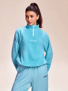 Core Rhythm Women's Letter Embroidered Raglan Sleeve Zipper Half Placket Fleece Sweatshirt Blue Set Baby Blue Set Sweatsuits Sets For Women Blue Activewear Track Suits For Women Light Blue Set