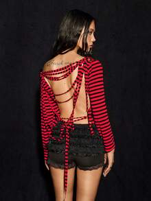 SHEIN ICON 女士性感露背条纹短款上衣，前卫街头风，适合万圣节，黑红条纹做旧款 - 彩色 - 查看 5